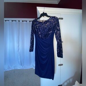 Navy Blue Lauren Sequin Cocktail Party Dress Long Sleeve Shirred Front Faux Wrap